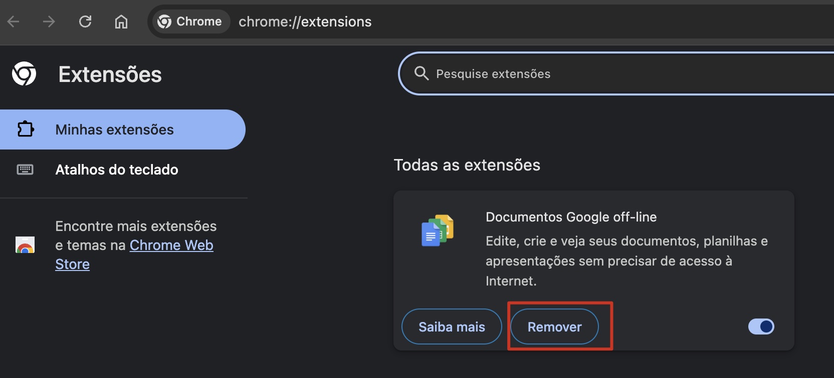 Após verificar a página inicial do Chrome, é hora de conferir suas extensões. Selecione Extensões no menu lateral e, em seguida, clique no botão Remover em uma extensão.
