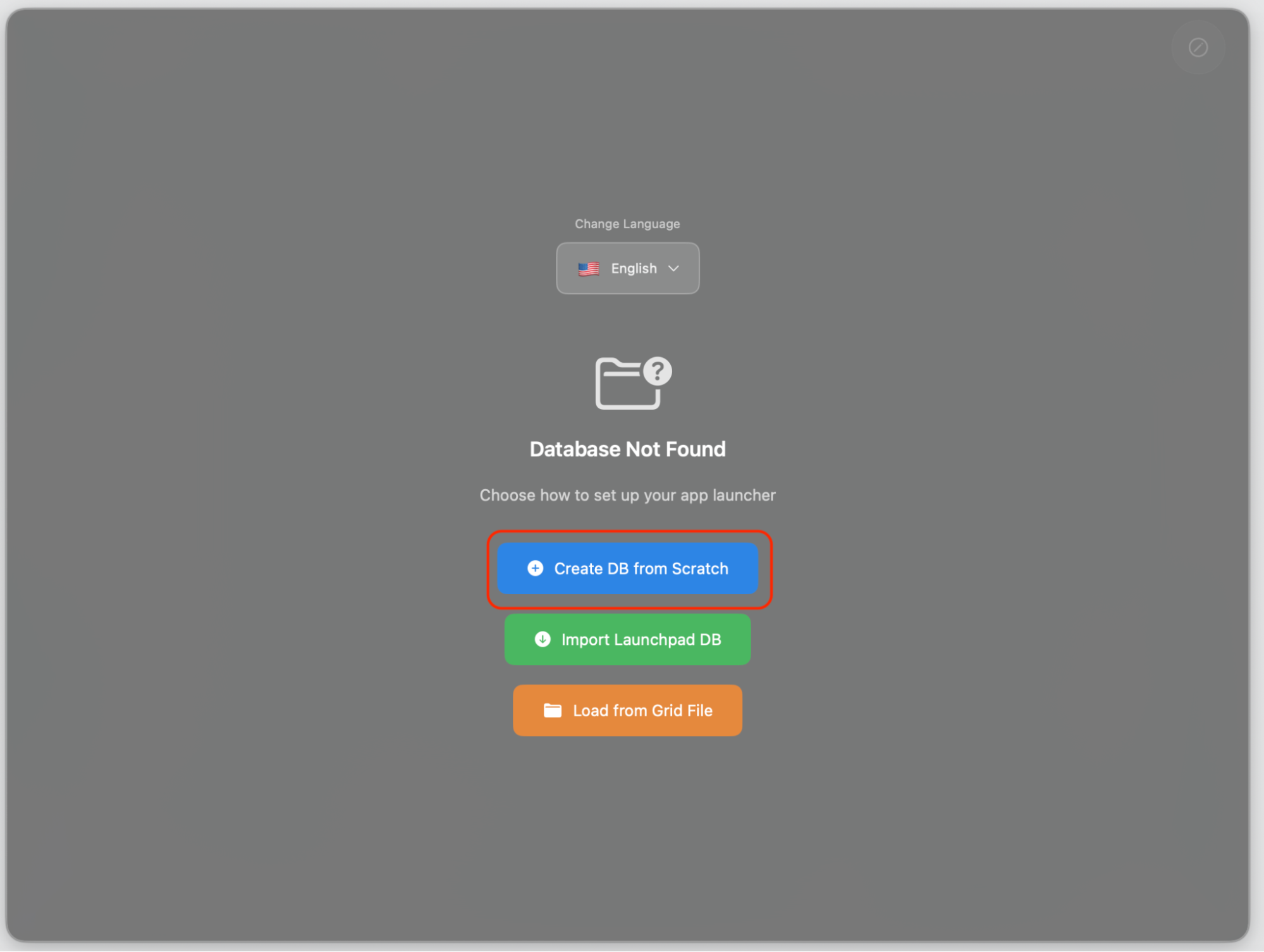 The AppGrid Launcher Database Not Found screen on macOS Tahoe with Create DB from Scratch highlighted to set up Launchpad on a Mac.