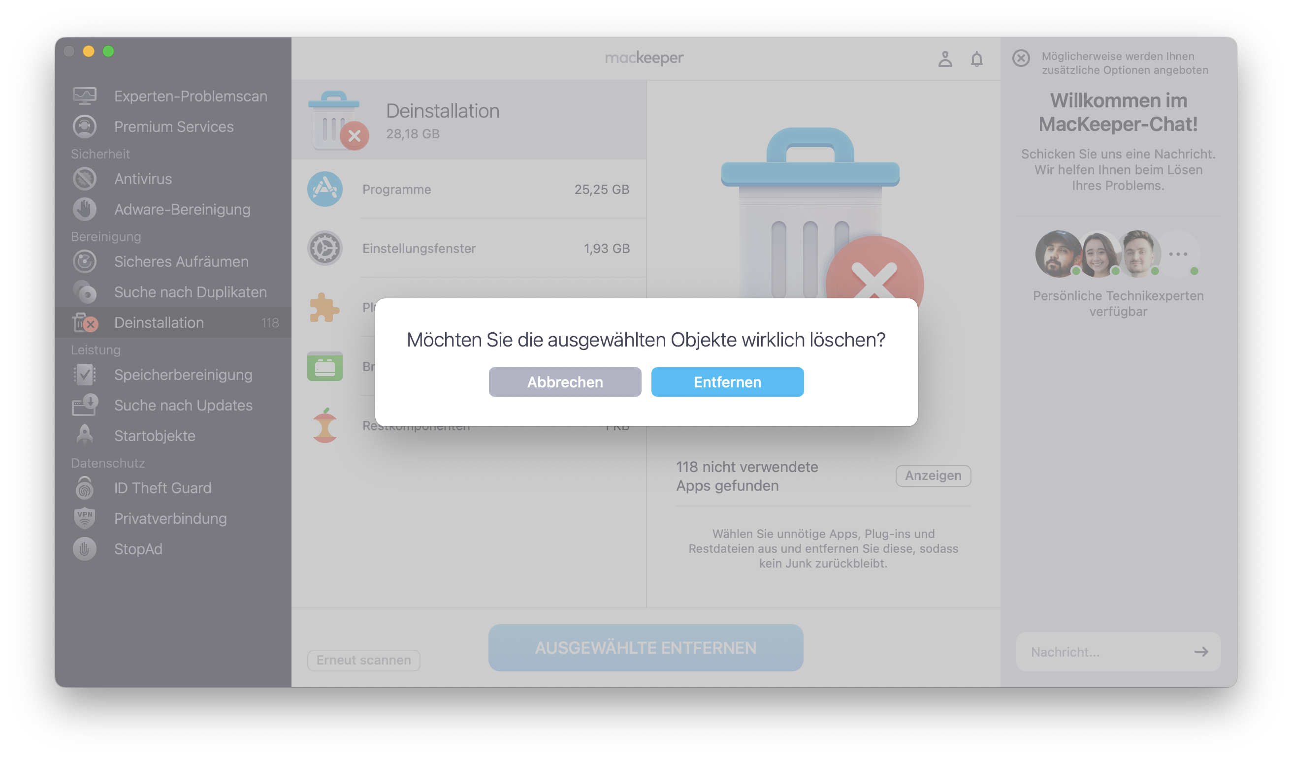Bestätigen Sie abschließend, dass Sie die ausgewählten Elemente mit Deinstallation“ von MacKeeper von Ihrem Mac deinstallieren möchten. Klicken Sie dazu in der Pop-up-Meldung auf Entfernen.
