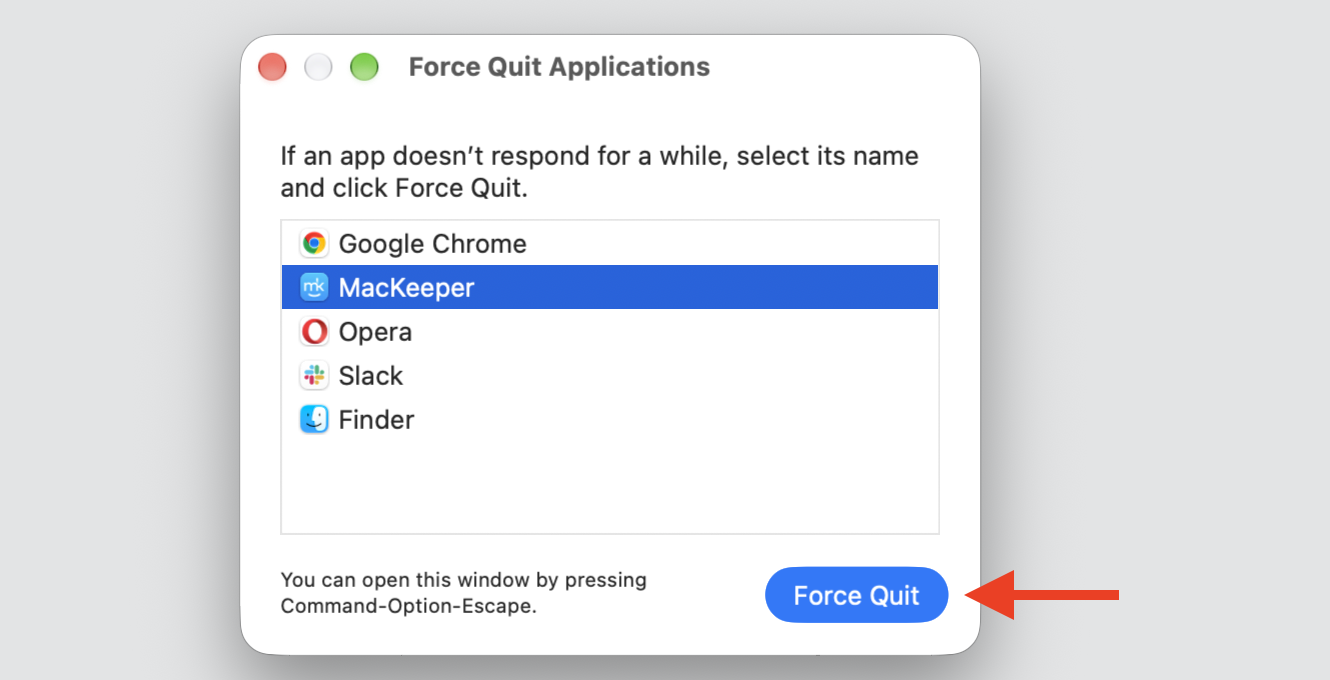 The Force Quit Applications window on macOS with a frozen app selected and the Force Quit button ready to relaunch the app.