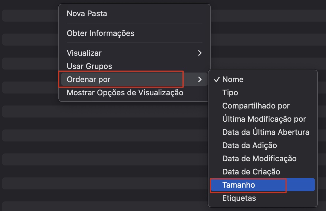 Para classificar seus downloads por tamanho no Mac, clique com o botão direito dentro da pasta Downloads, depois clique em Ordenar por e selecione Tamanho.