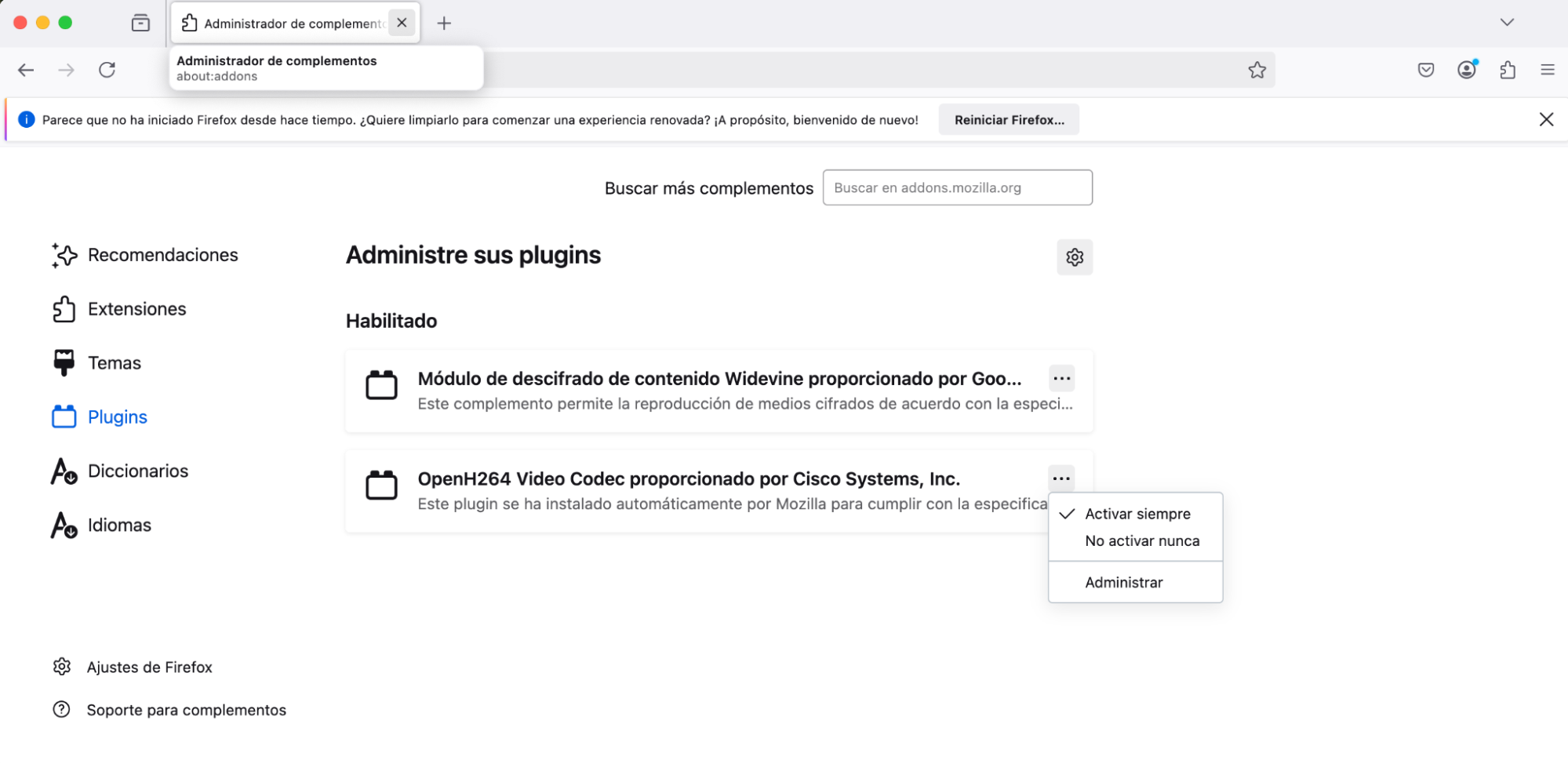 Desde Complementos, podrás ver todas tus extensiones instaladas. Para activarla, tendrás que hacer clic en Pedir activación. A continuación, cuando navegues por Internet, cualquier contenido que requiera Flash debería mostrarse sin problemas.