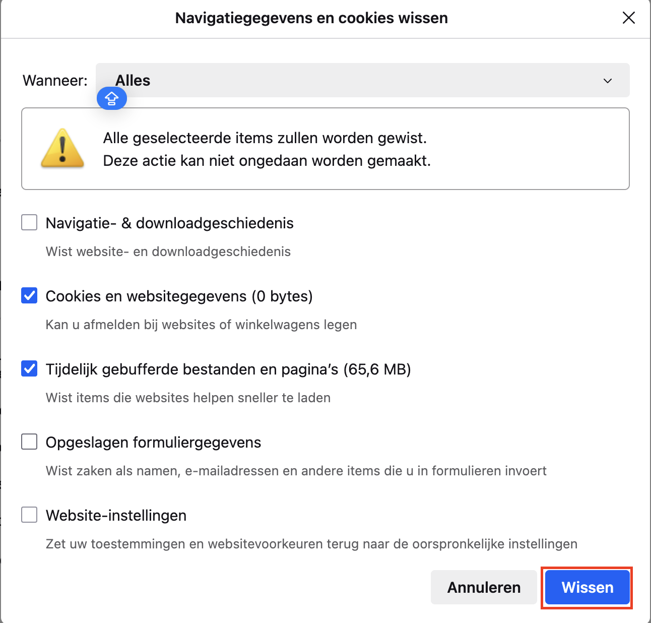 In het geopende pop-upvenster selecteer je de gegevens die je wilt verwijderen en bevestig je door op Wissen te klikken.