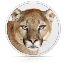 O logo do Mac OS X 10.8 (Mountain Lion) é mostrado com a imagem de um leão. O Mountain Lion foi lançado após o macOS Lion, em julho de 2012.
