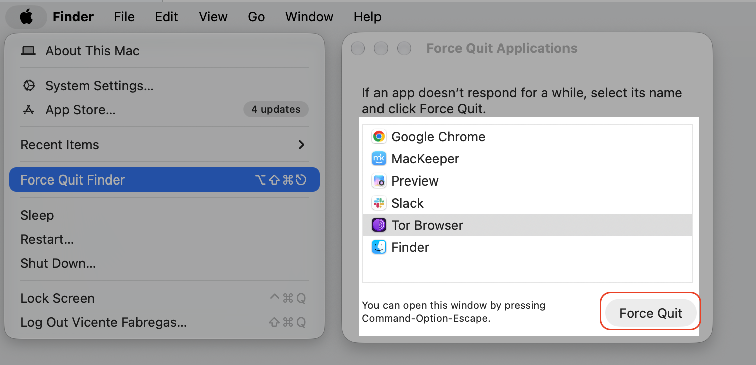 macOS Force Quit Applications window from the Apple menu, with Tor Browser selected and the Force Quit button ringed to end the stuck app. macOS Force Quit Applications window from the Apple menu, with Tor Browser selected and the Force Quit button ringed to end the stuck app.
