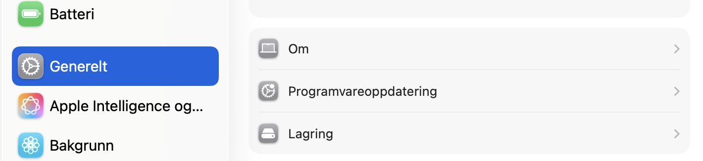 Å oppdatere macOS-programvaren din kan bidra til å fjerne feil som kan føre til at systemfiler bruker for mye data. Gå til Systeminnstillinger > Generelt > Programvareoppdatering.