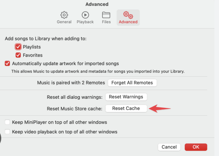 We now recommend checking your Mac music library to see if cache or corrupt files are causing high CPU usage on your Mac. One way you can do this is to open your Music app and open your advanced settings. There you’ll find an option to clear or reset the cache.