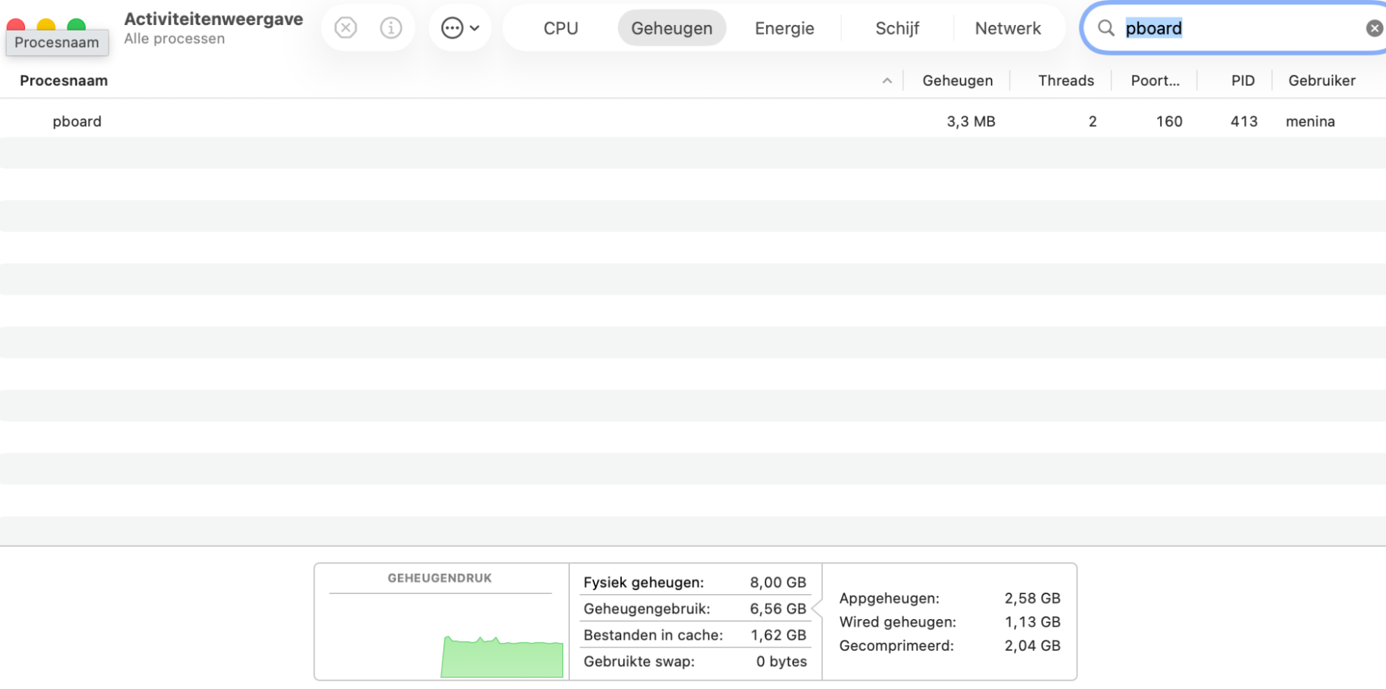 Gebruik in  Activiteitenweergave de zoekfunctie om pboard  te vinden. Dit proces draait op de achtergrond van macOS en regelt de kopieer- en plakfunctie van je Mac.