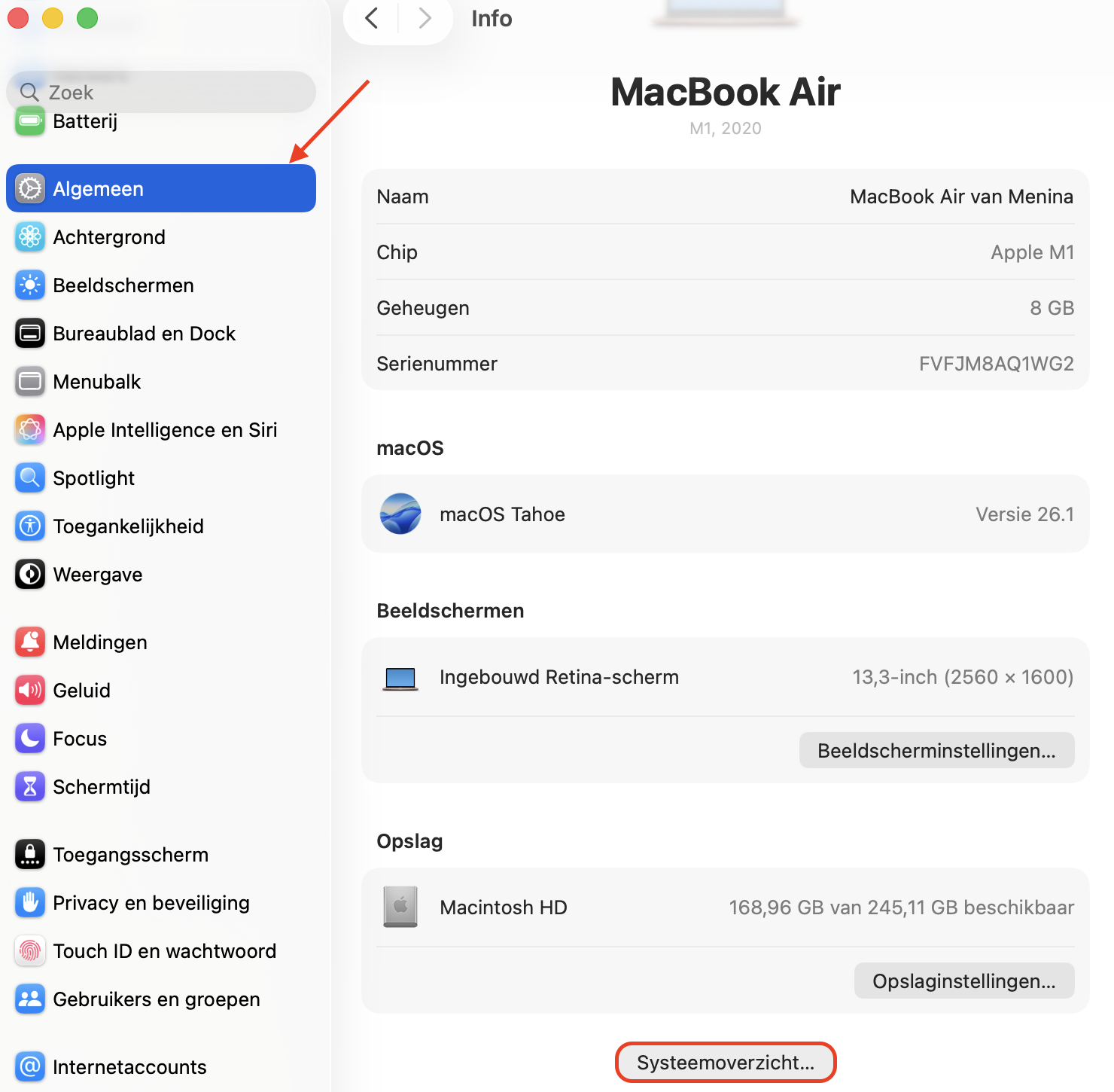 Het menu Algemeen in de app Systeeminstellingen op de Mac. Als je externe harde schijf niet wordt herkend op je Mac, controleer dan het Systeemoverzicht om te zien of de schijf wordt gedetecteerd.