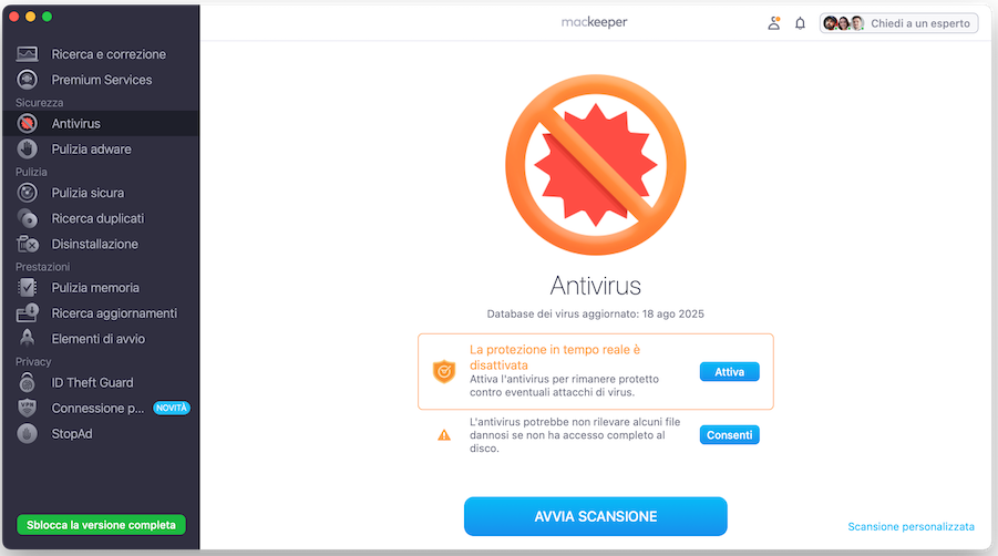 Nella finestra dell’Antivirus di MacKeeper, troverai l’opzione per controllare il tuo portatile alla ricerca di virus e malware. Ti basta cliccare su Avvia scansione.