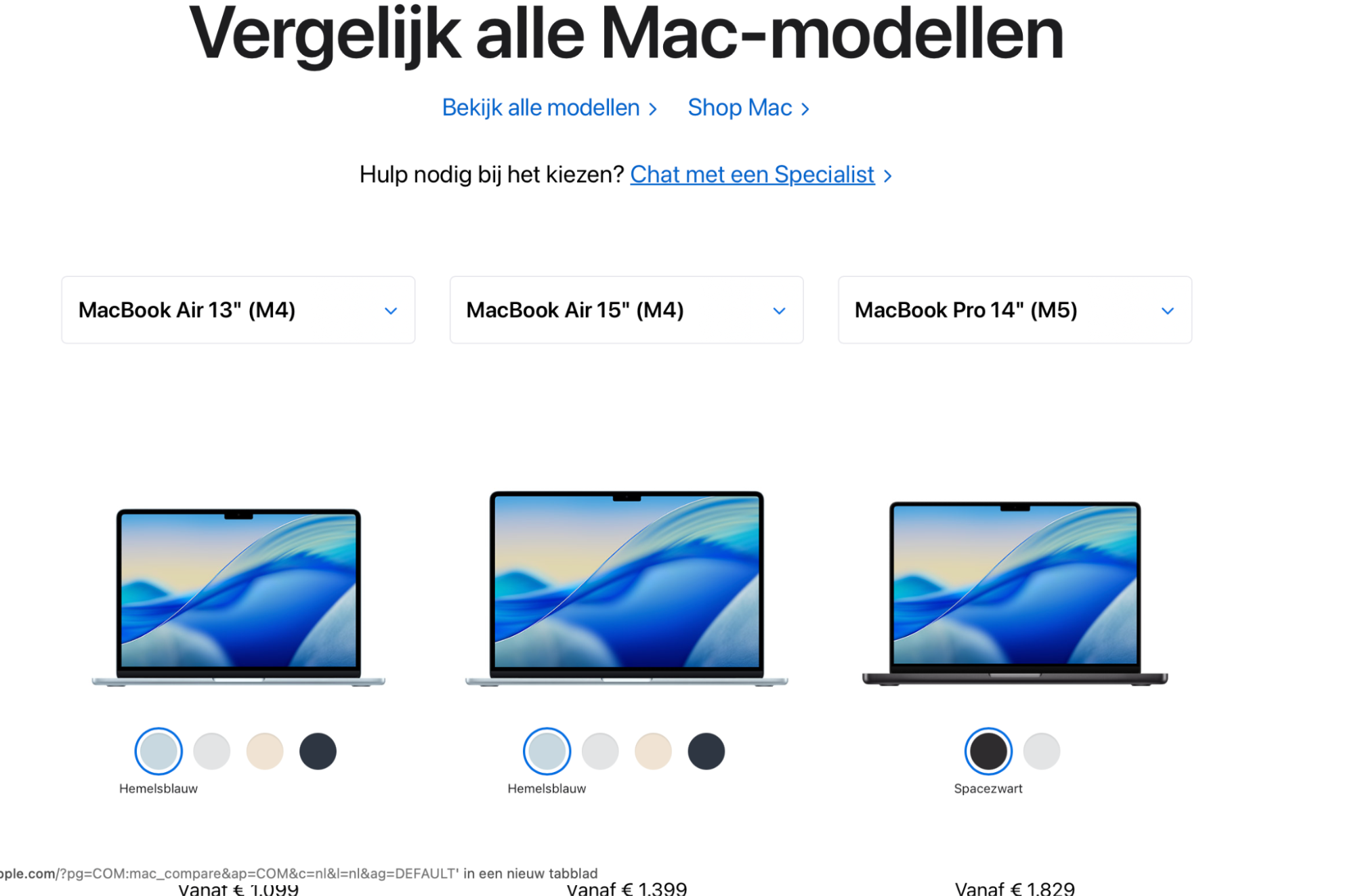 Basisopties van de Mac weergegeven binnen de categorie Notebook, als een snelle visuele vergelijking van de belangrijkste kenmerken en de prijs.