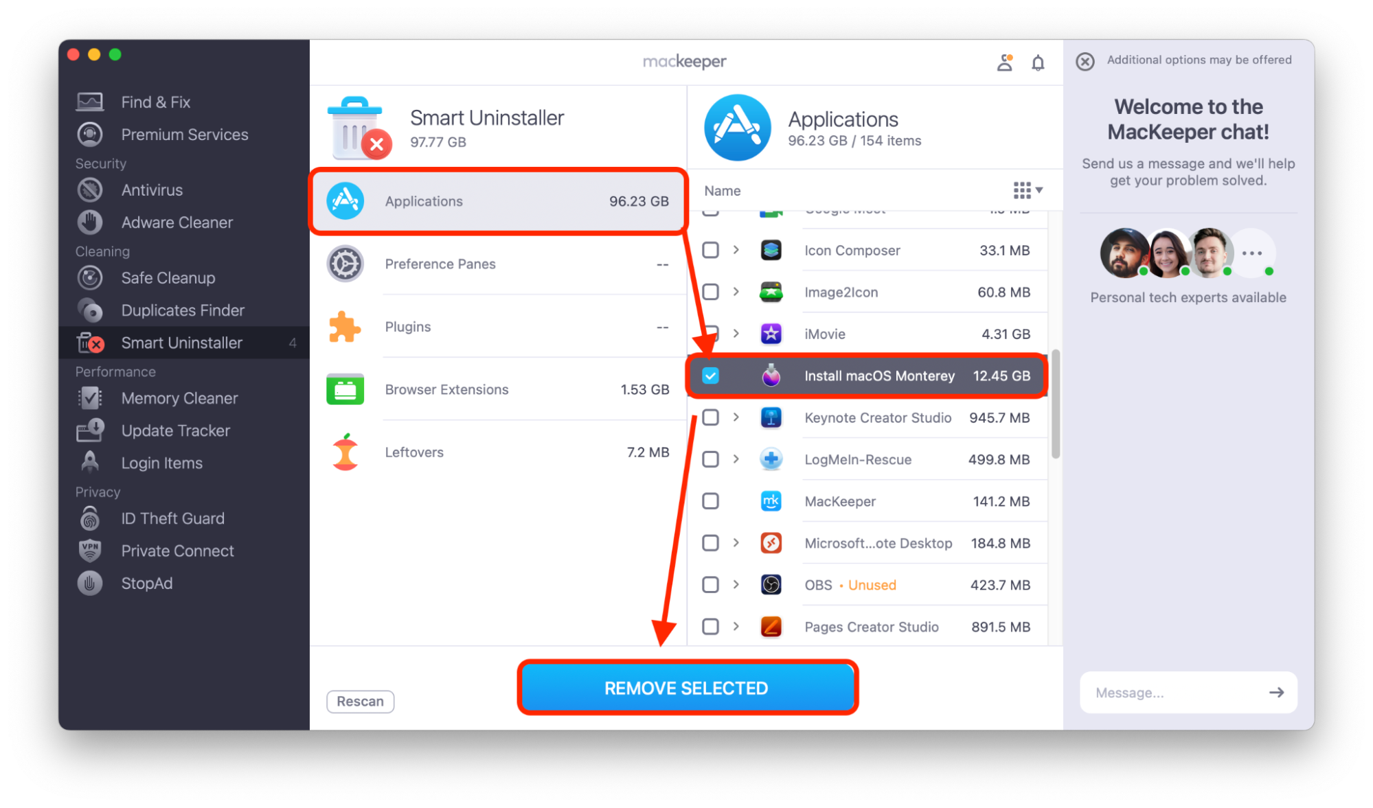MacKeepers Smart Uninstaller displays the scan results with the Applications category totaling 96.23 GB across 154 items. The Install macOS Monterey entry is checked and highlighted in blue showing a size of 12.45 GB. Click on Remove Selected.