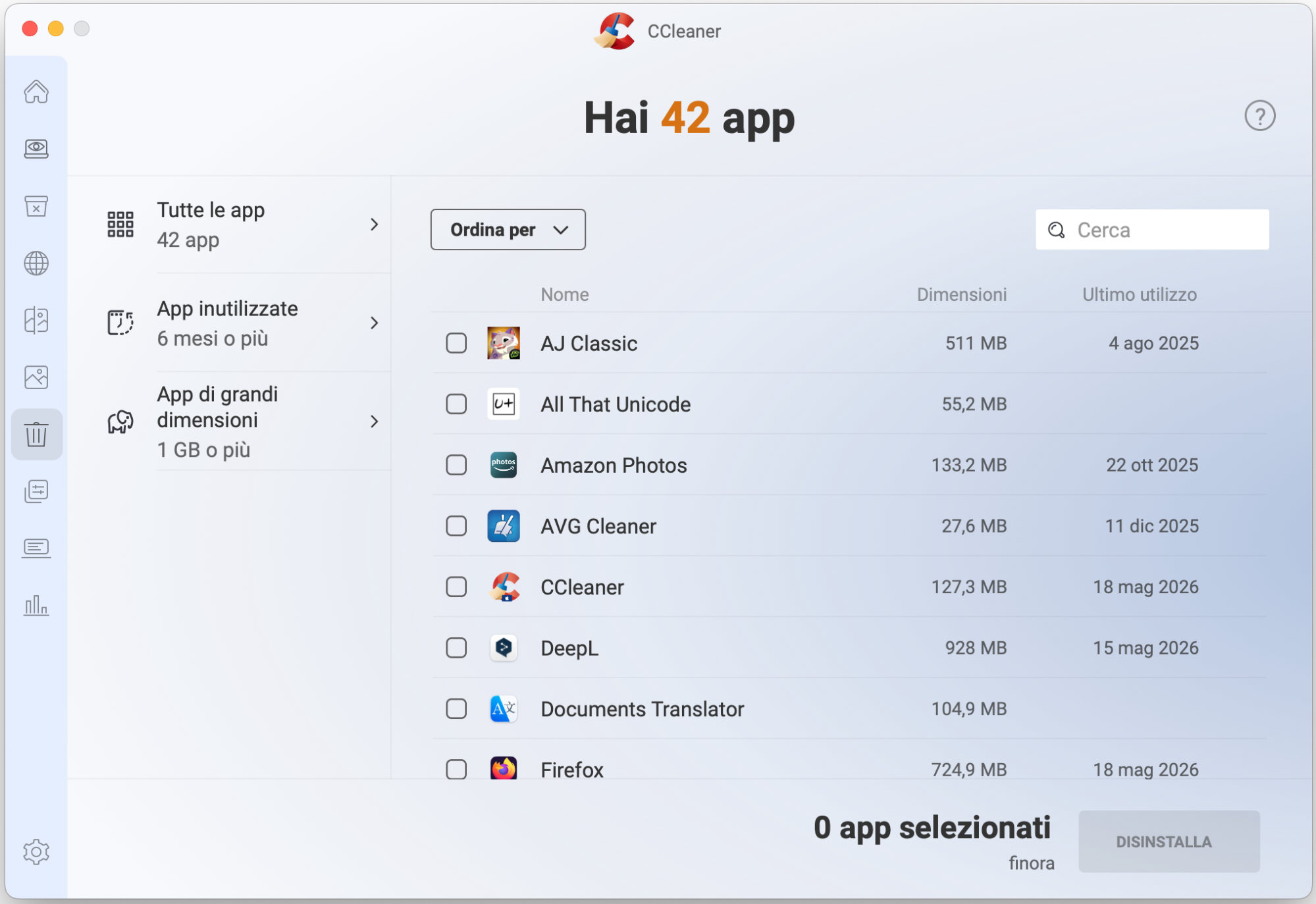 Se hai app sul tuo Mac che non utilizzi più, puoi rimuoverle facilmente con CCleaner per Mac. Spuntale e seleziona Disinstalla per ottenere i risultati desiderati.