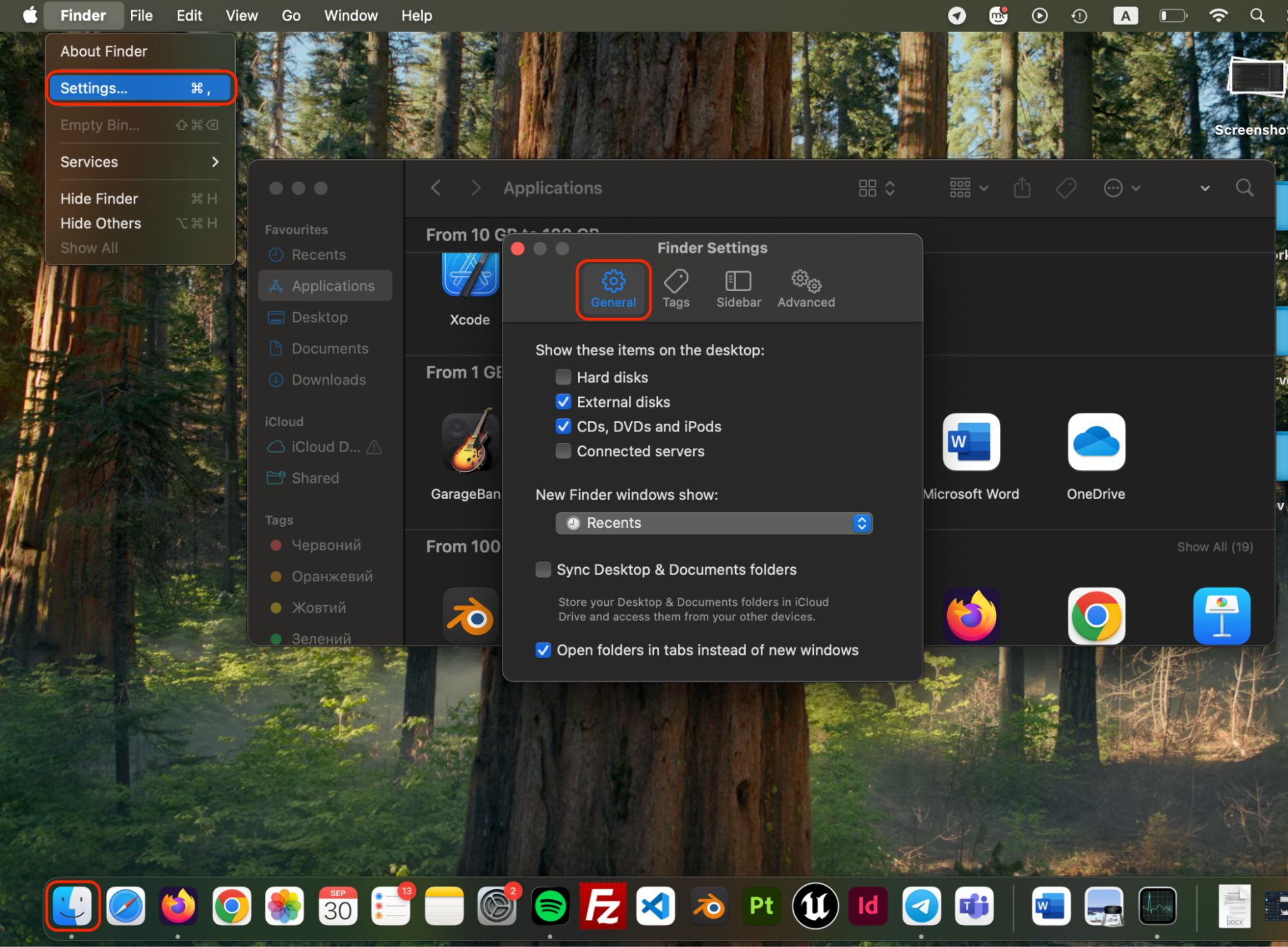 Open Finder, click Settings from the menu bar, then go to the General tab to adjust preferences and reduce Finder's memory usage.