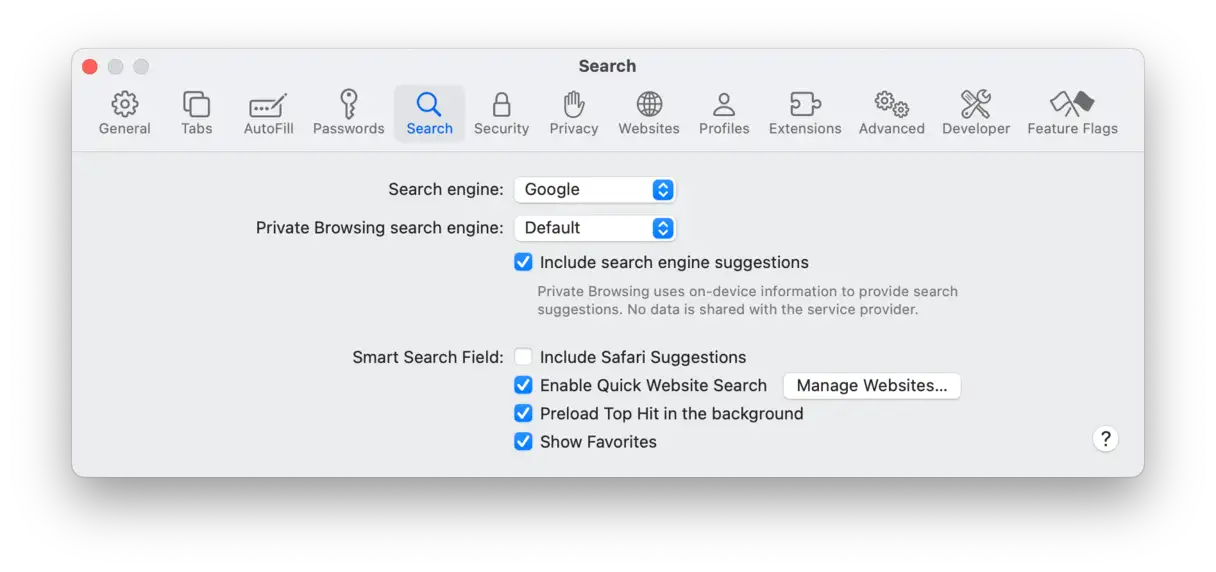 Safari search settings are open on a Mac. Choose your preferred search engine to remove AccessibleSearchEngine from the browser.