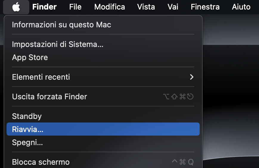 Riavviare il Mac può aiutare a risolvere problemi come il copia e incolla che non funzionano. Nella barra dei menu, fai clic sull'icona Apple, quindi seleziona Riavvia.