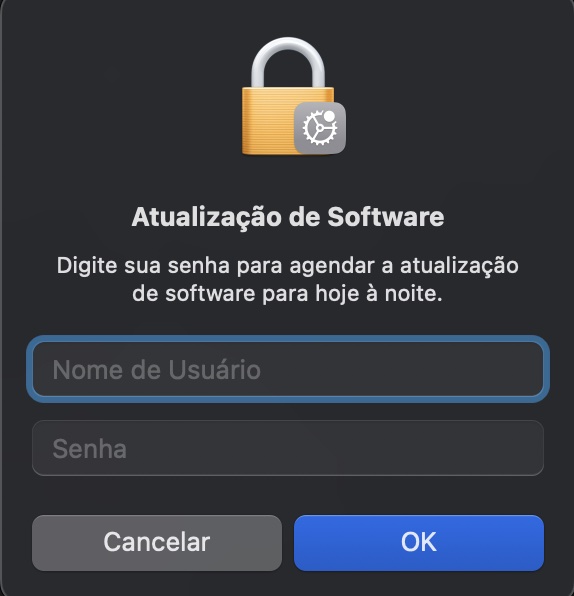Se o seu Mac encontrar alguma atualização pendente, após fazer backup dos seus arquivos importantes e fechar todos os aplicativos desnecessários, você poderá iniciar a atualização inserindo seu nome de usuário e senha de administrador. Em seguida, a atualização começará imediatamente.