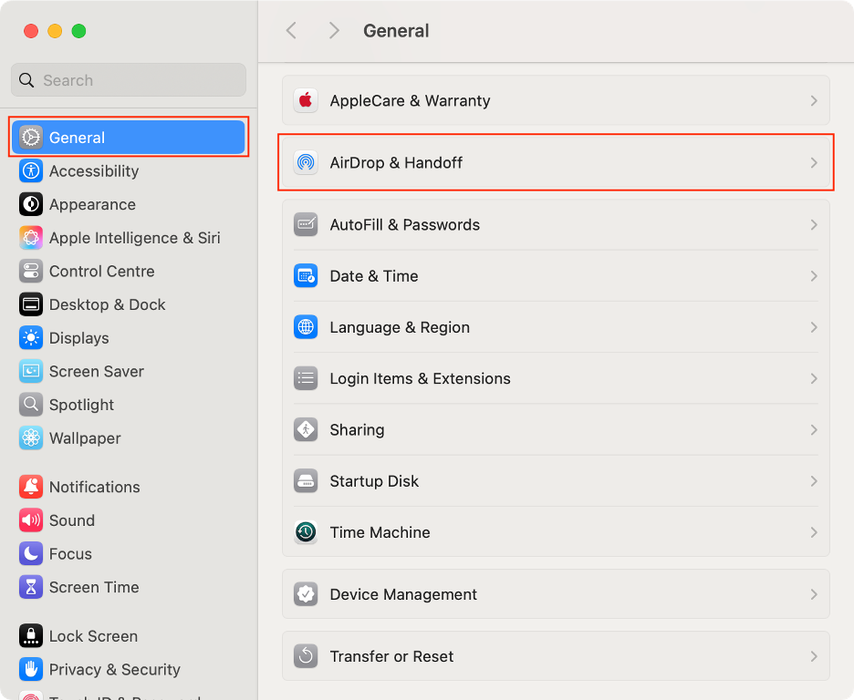 To use AirPlay to use your MacBook as a second screen, go to your Mac, open System Settings, choose General, and click AirDrop & Handoff.