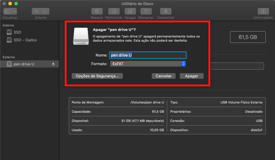 Formate seu disco rígido em ExFAT se quiser que ele seja compatível com seu Mac. Assim, você poderá salvar vários arquivos e pastas.