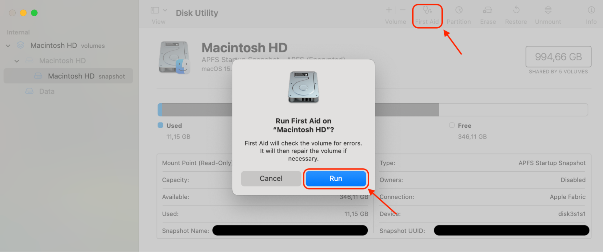 Choose your startup volume from the sidebar, click First Aid, then select Run to check for and repair disk errors on your Mac.