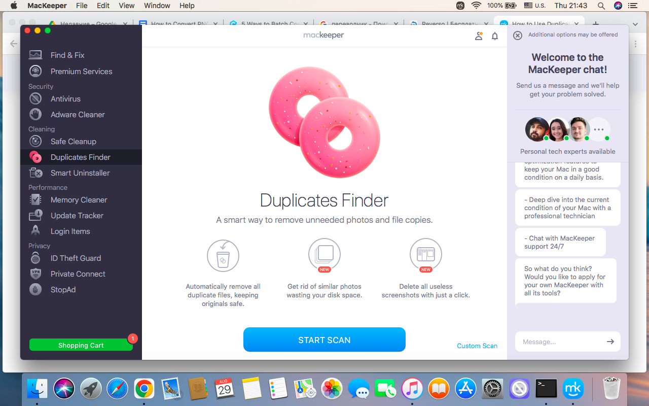 To start organizing files before transferring to external drives by scanning your Mac for unnecessary duplicates, launch the MacKeeper app, then choose the Duplicates Finder in the left sidebar, and click the Start Scan button.