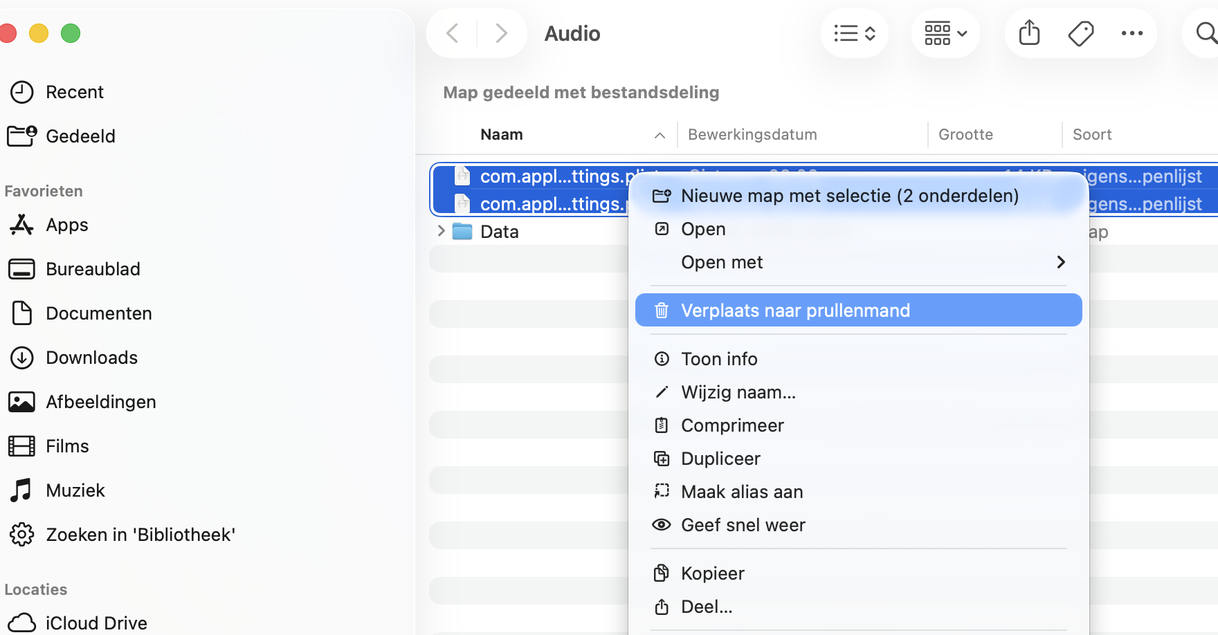 Zodra je in de audiomap van je Mac bent, verplaats je het .plist-bestand naar de prullenmand. Je Mac zal deze bestanden vervolgens opnieuw aanmaken.