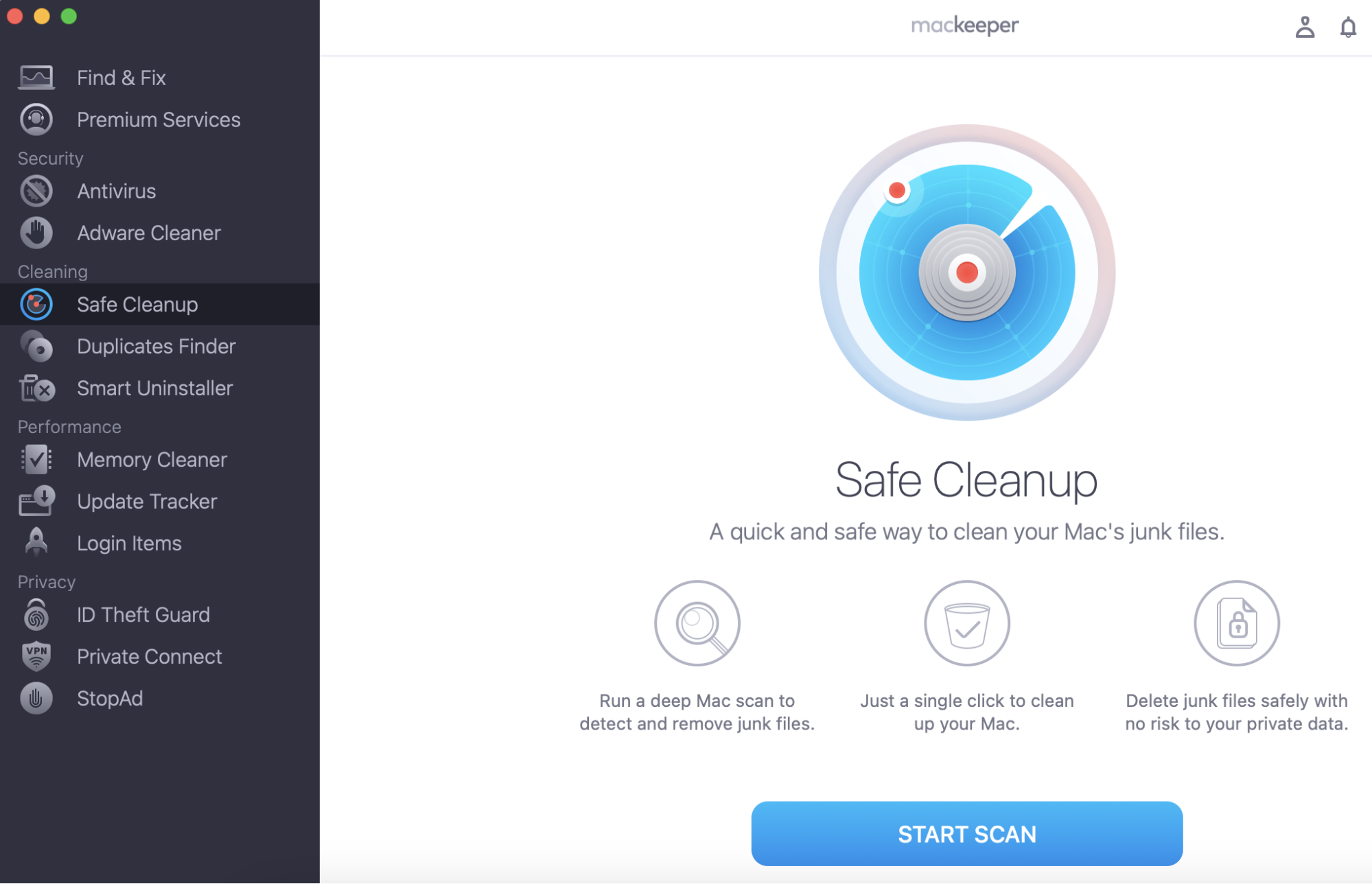 The MacKeeper application window showing the main dashboard. In the left sidebar, Safe Cleanup is selected under the Cleaning section. The main panel displays the Safe Cleanup tool with a blue START SCAN button at the bottom.