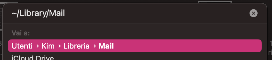 Inserisci il percorso ~/Library/Mail nella casella di testo e premi Invio. Poi cerca tutti i file o le cartelle che iniziano con Envelope Index.