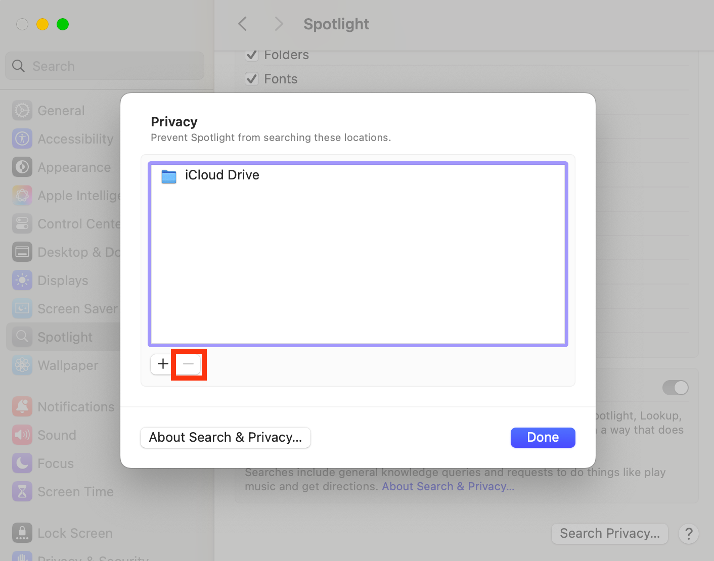 The Privacy window in Spotlight settings on Mac. After adding a disk or folder here, wait a minute, then select it and remove it. This will force corespotlightd to reindex it, which should fix high CPU usage issues.