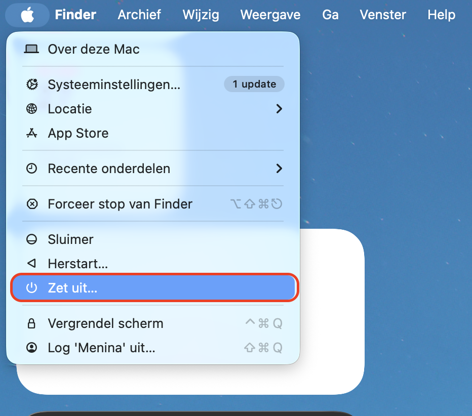 Het Apple-menu op macOS toont enkele systeemopties. Selecteer ‘Zet uit’ om je Mac uit te schakelen.