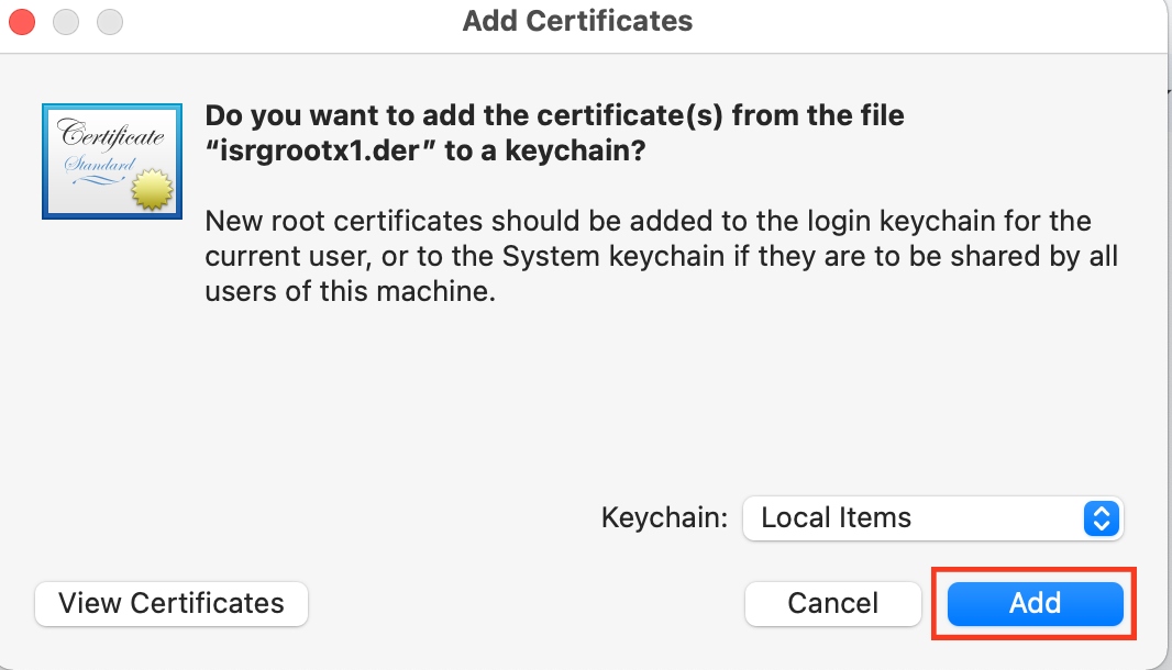 The Add Certificates dialogue box is opened on a Mac. Click Add to get the latest root certificates and fix your Mac’s clock. The Add Certificates dialogue box is opened on a Mac. Click Add to get the latest root certificates and fix your Mac’s clock.