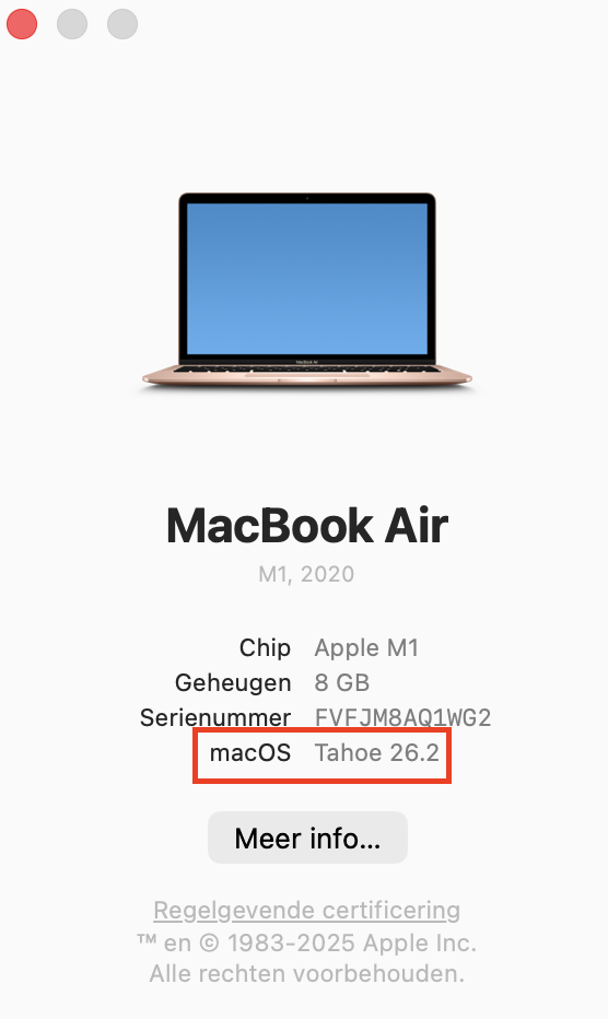 De naam van je macOS wordt op het scherm weergegeven. Je kunt ook meer informatie over je macOS-versie zien.