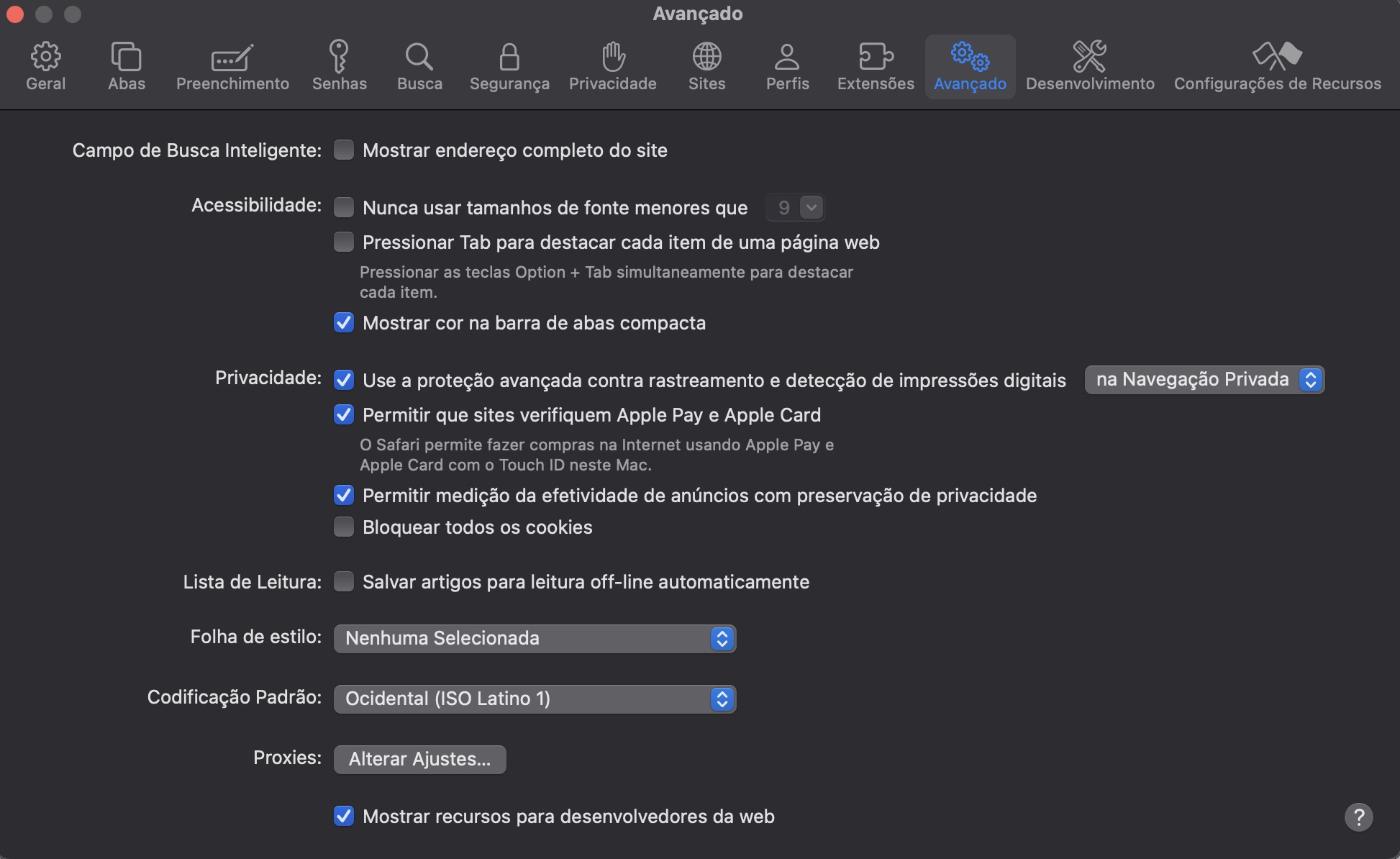 Nos Ajustes do Safari, abra a aba Avançado e marque a opção Mostrar recursos para Desenvolvedores da web para continuar.