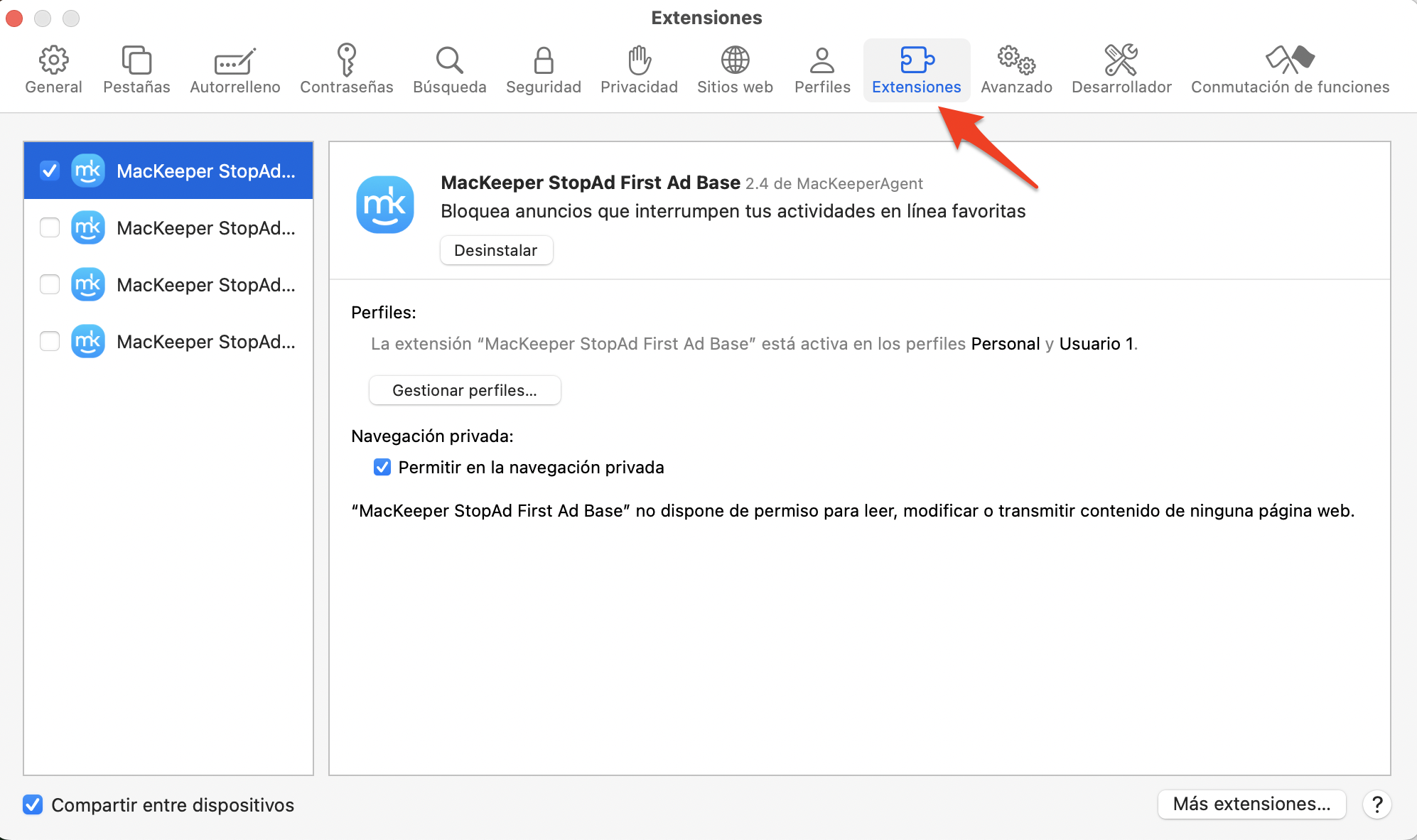La pantalla de configuración de Safari en macOS Monterey muestra todas las opciones disponibles. Selecciona la pestaña Extensiones para acceder a las extensiones.