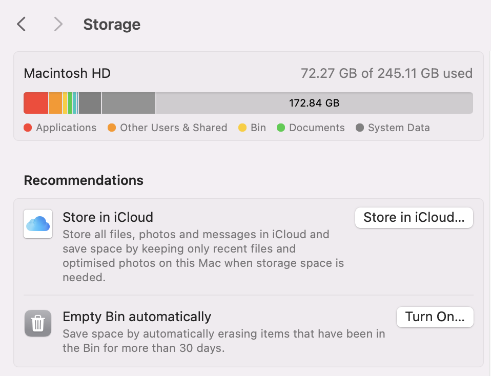 In Storage, you’ll see a chart that represents how much space is being used up and how much is free. If there's not enough for macOS Sequoia and you need to make more room, check out the personalised Recommendations and follow the on-screen instructions to claw back more disk space.