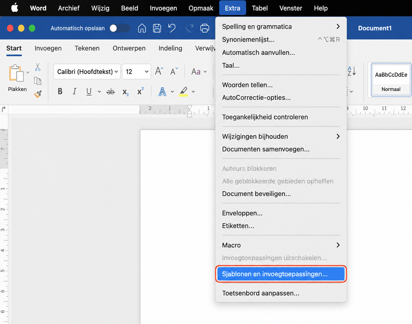 Open Microsoft Word, ga naar het bovenste menu, kies Extra en selecteer Sjablonen en invoegtoepassingen om geïnstalleerde extensies te beheren of uit te schakelen.