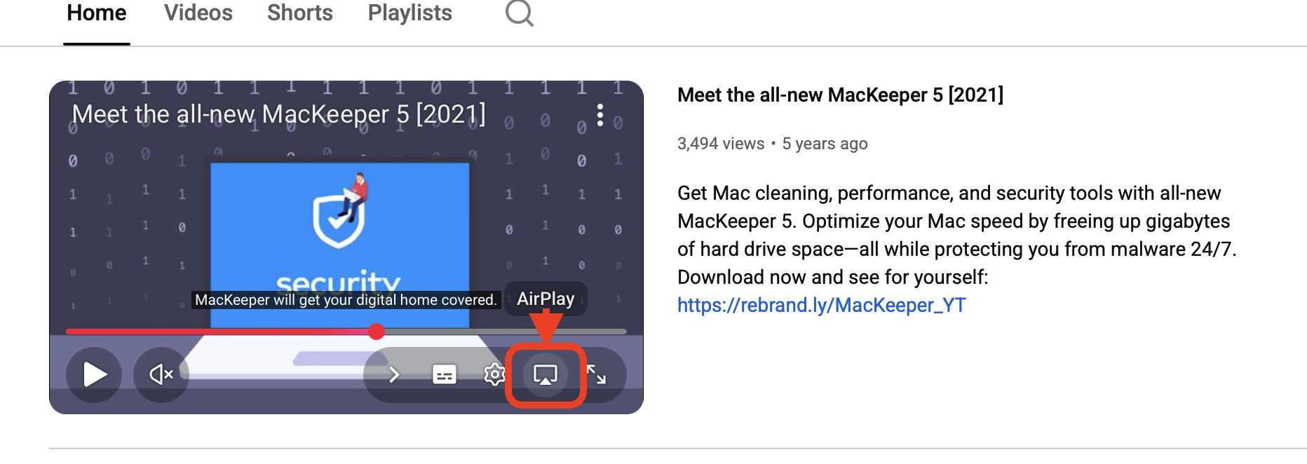YouTube player open in a browser on a MacBook with the AirPlay icon highlighted in the video controls to cast a single clip to a Roku TV.