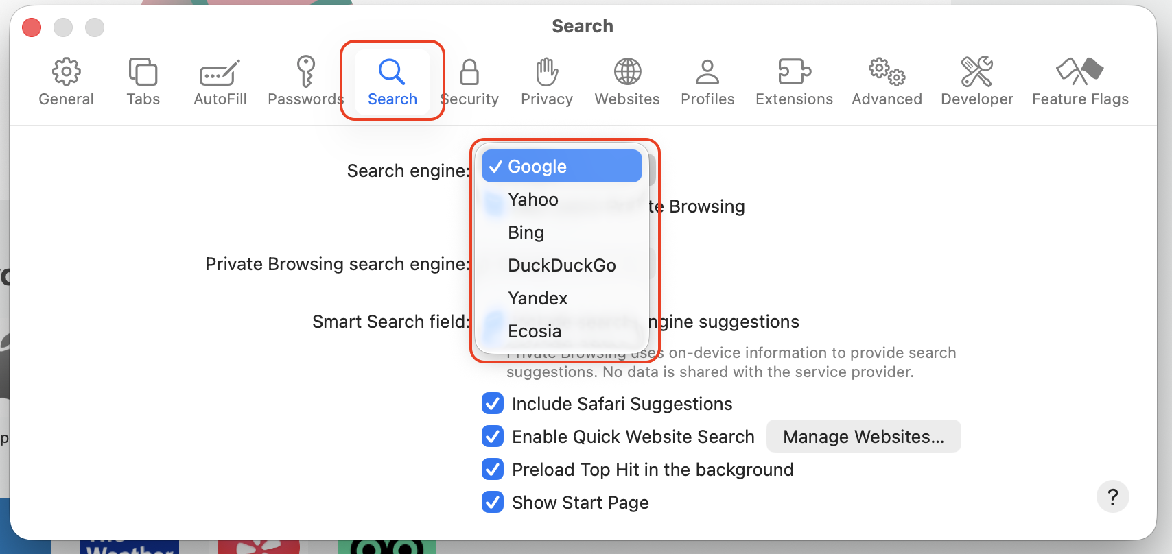 Safari Search settings tab on macOS where the preferred default search engine is reselected after removing Chromium browser hijacker changes.