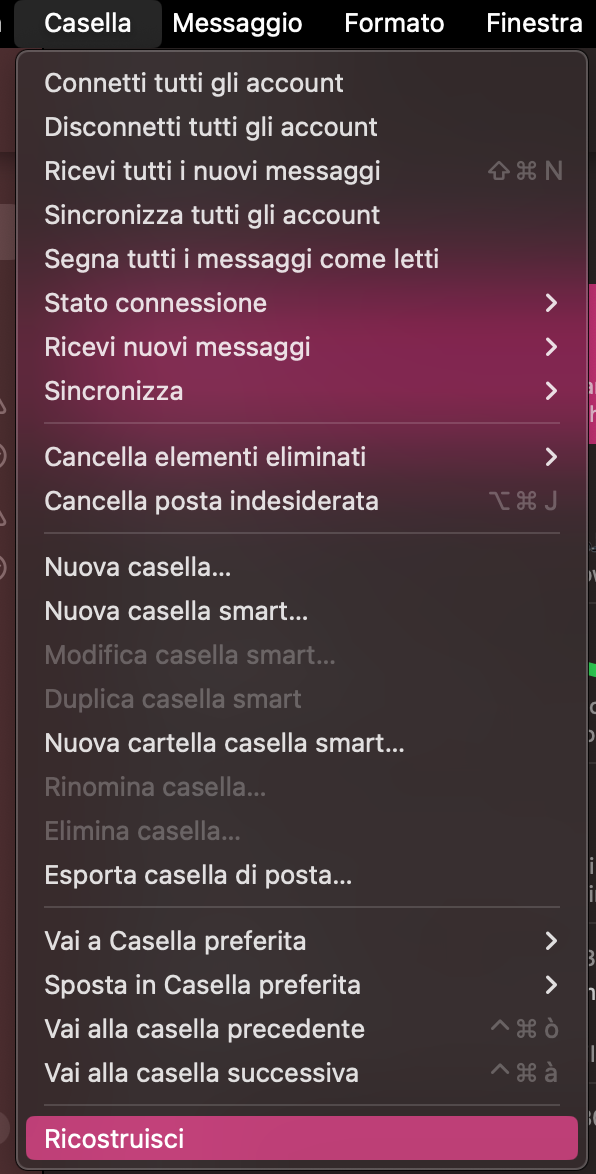 Un altro modo per far tornare a funzionare Mail di Apple è ricostruire le caselle di posta. Per farlo, vai su Casella e scegli l’opzione Ricostruisci dalla barra dei menu.