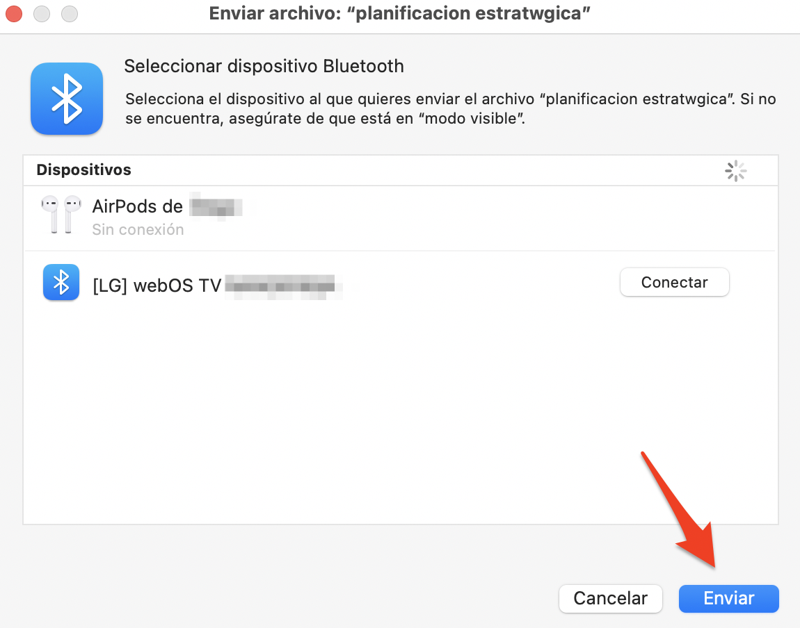 Intercambio de archivos Bluetooth en Mac mostrando la pantalla de envío. Selecciona tu nuevo Mac y, a continuación, haz clic en Enviar para transferir archivos de Mac a Mac a través de Bluetooth. Intercambio de archivos Bluetooth en Mac mostrando la pantalla de envío. Selecciona tu nuevo Mac y, a continuación, haz clic en Enviar para transferir archivos de Mac a Mac a través de Bluetooth.