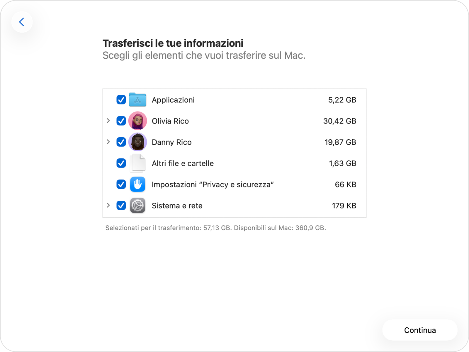 Assistente Migrazione su Mac mostra le opzioni di trasferimento delle informazioni. Per spostare contenuti da un Mac all’altro, seleziona le informazioni da trasferire, poi fai clic su Continua.