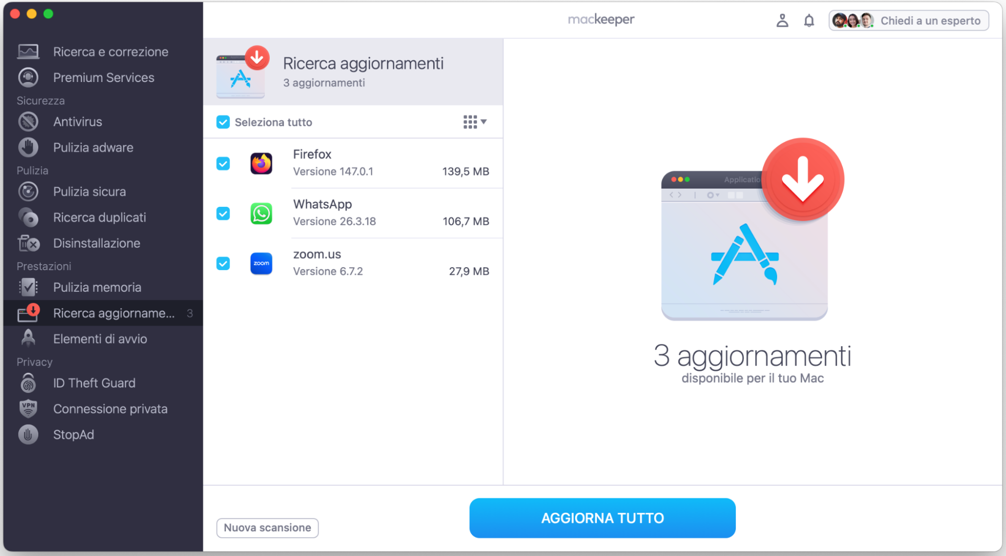 Quando Ricerca Aggiornamenti ha finito di analizzare il tuo Mac, controlla i risultati, scegli cosa aggiornare e clicca sul pulsante Aggiorna.