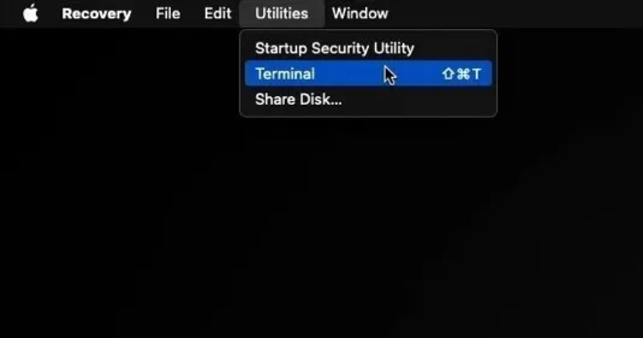 To solve the installer information on the recovery server is damaged error on your Mac, go to Utilities and select Terminal.
