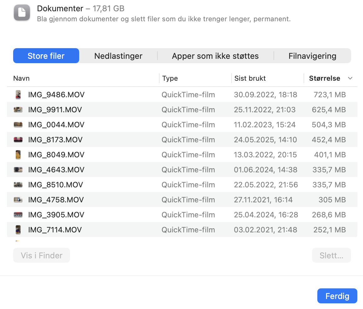 Klikk på informasjonsknappen ved siden av Dokumenter i lagringsinnstillingene for å se store filer