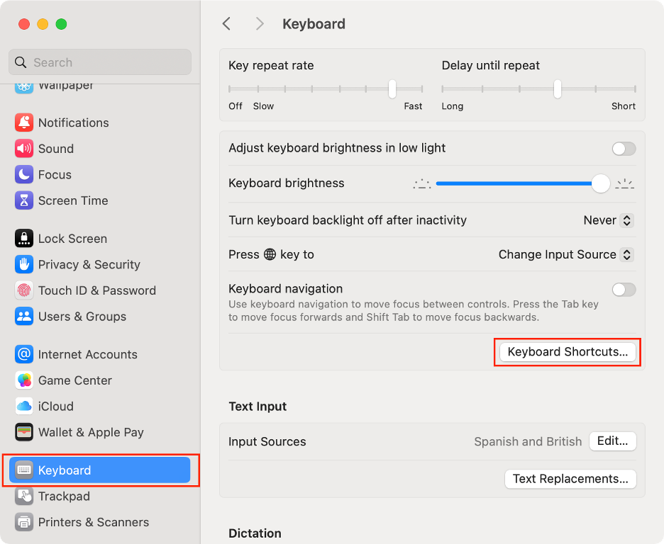 To check the Command key settings on your Mac, select Keyboard and click the Keyboard Shortcuts button.