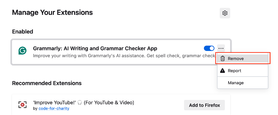 To delete the Grammarly extension from Firefox, select Remove next to it.