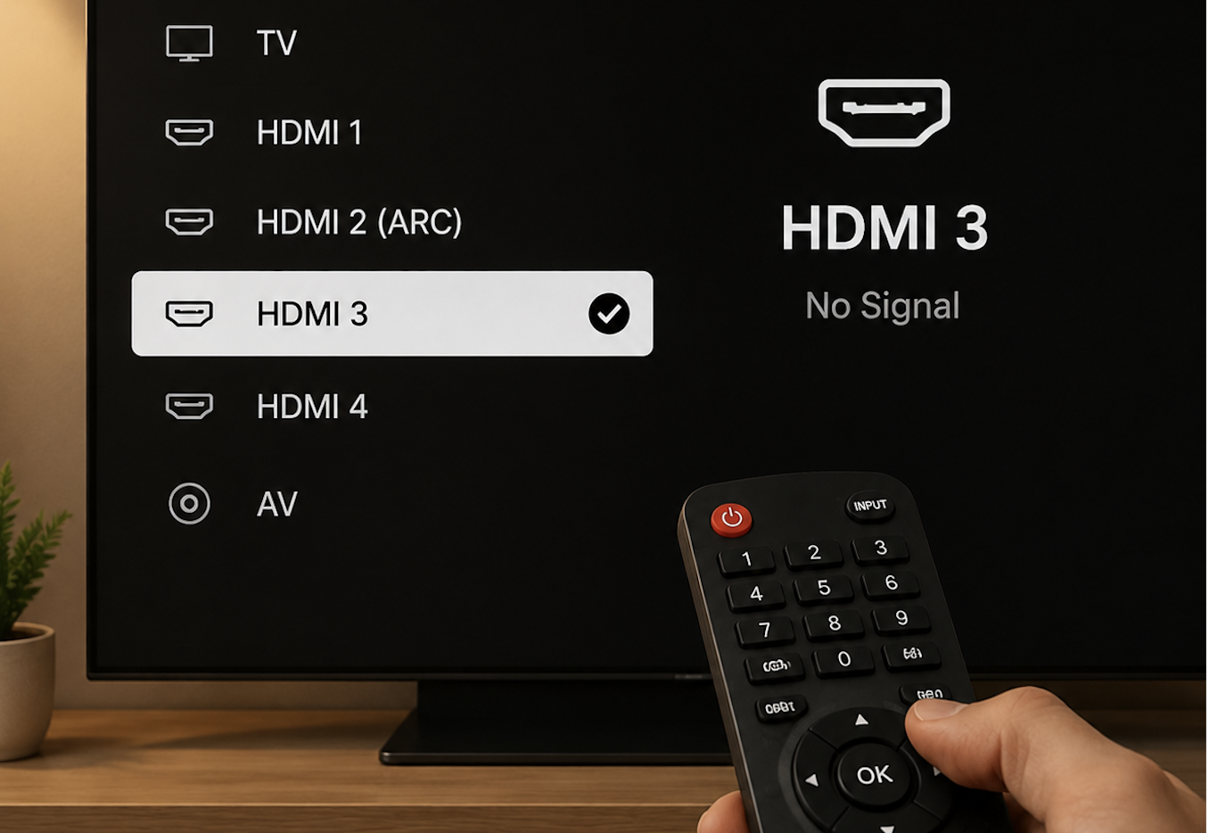 TV input menu with HDMI 3 selected by remote, the wired HDMI route for connecting a MacBook to a Roku TV when AirPlay is not available.