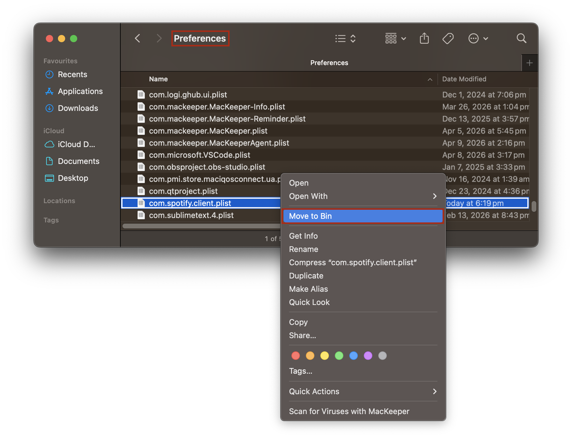 Library Preferences folder on an Apple computer with a right-click menu on the com.spotify.client.plist file showing Move to Bin selected.