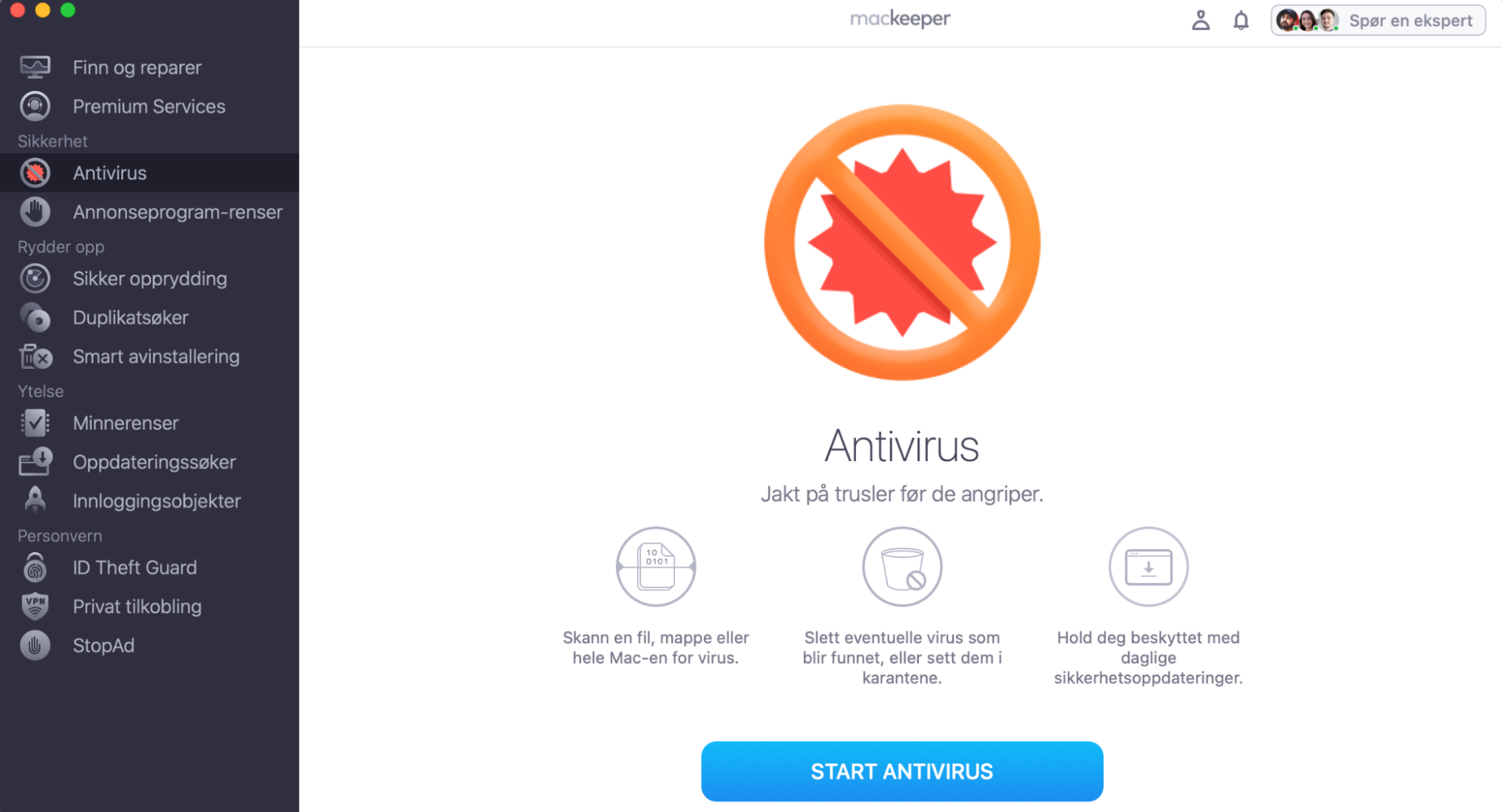 For å bruke MacKeeper til å bli kvitt skadelig programvare på Macen din, starter du MacKeeper, velger Antivirus i sidefeltet, og klikker deretter på Start Antivirus.