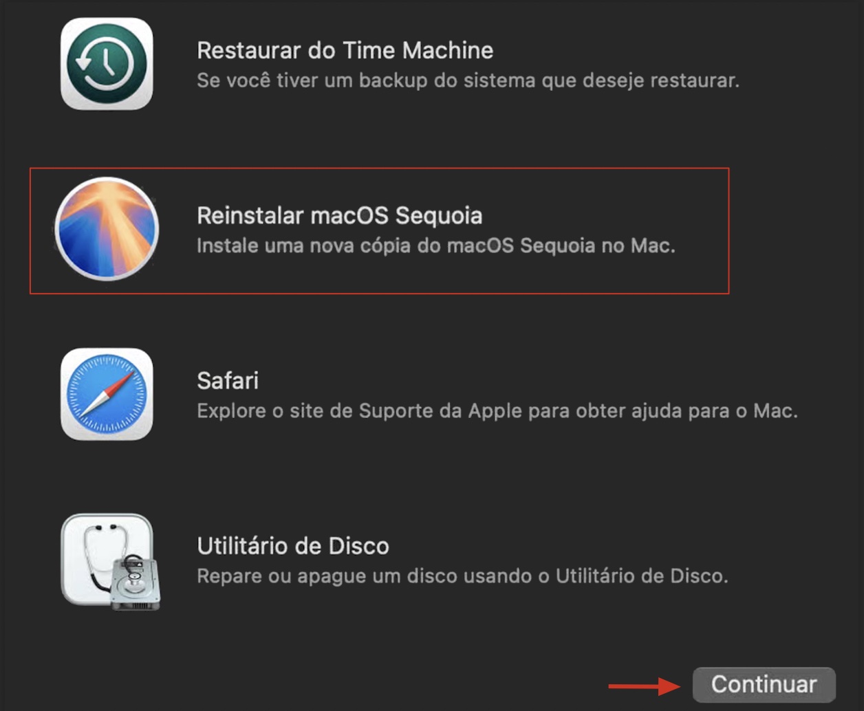 macOS Recovery no Mac com uma lista de opções de recuperação. Selecione Reinstalar o macOS e, em seguida, clique em Continuar para instalar uma nova cópia do macOS no seu computador.